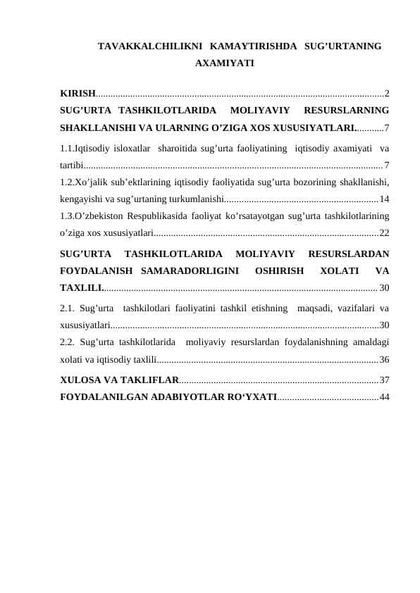 TAVAKKALCHILIKNI KAMAYTIRISHDA SUG’URTANING AXAMIYATI