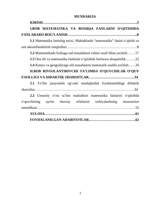 MATEMATIKA VA BOSHQA FANLARNI O‘QITISHDA FANLARARO BOG’LANISH