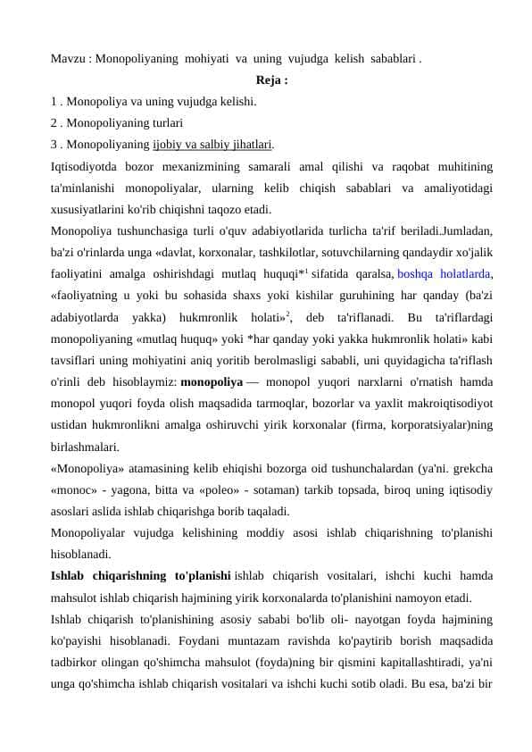 Monopoliyaning mohiyati va uning vujudga kelish sabablari