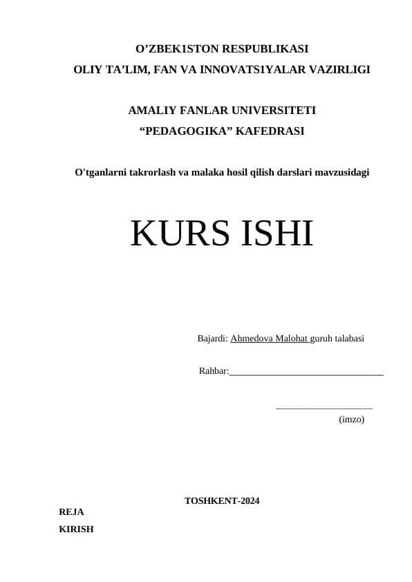 O'tganlarni takrorlash va malaka hosil qilish darslari