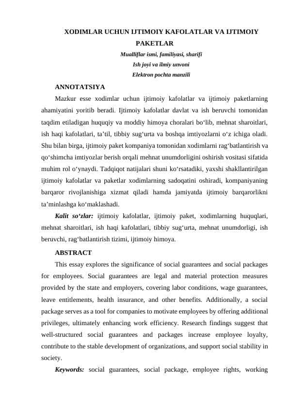 XODIMLAR UCHUN IJTIMOIY KAFOLATLAR VA IJTIMOIY PAKETLAR