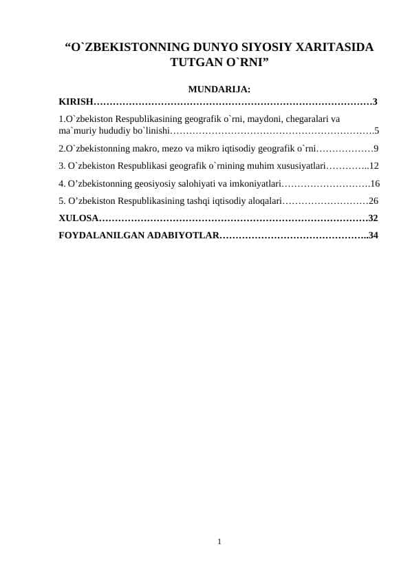 “O`ZBEKISTONNING DUNYO SIYOSIY XARITASIDA TUTGAN O`RNI”