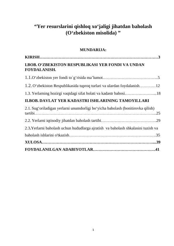 “Yer resurslarini qishloq xoʻjaligi jihatdan baholash (Oʻzbekiston misolida) ”