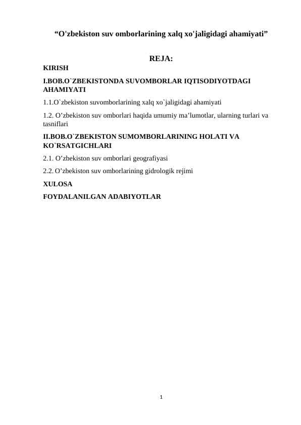 “O'zbekiston suv omborlarining xalq xo'jaligidagi ahamiyati”
