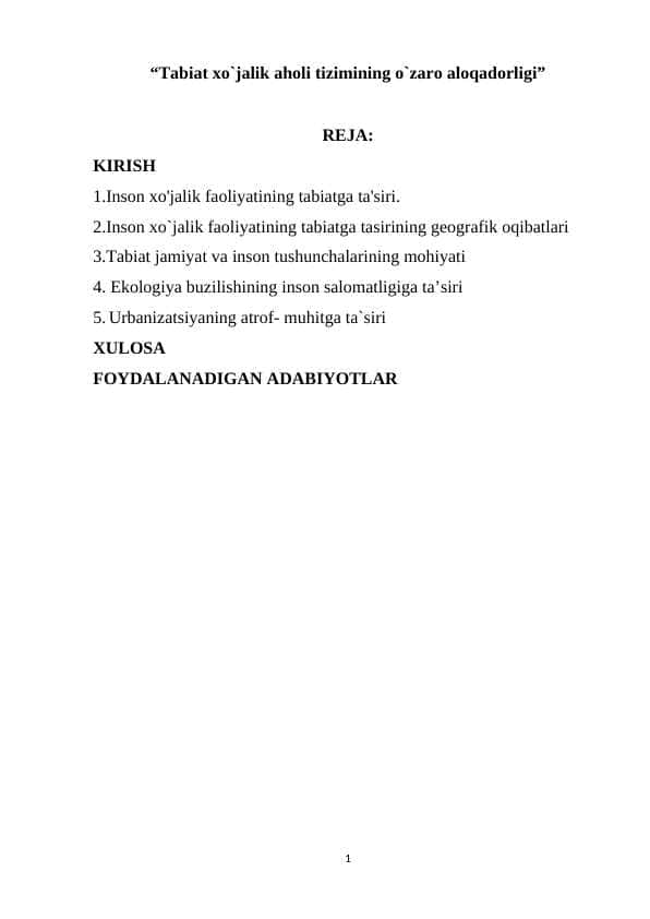 “Tabiat xo`jalik aholi tizimining o`zaro aloqadorligi”