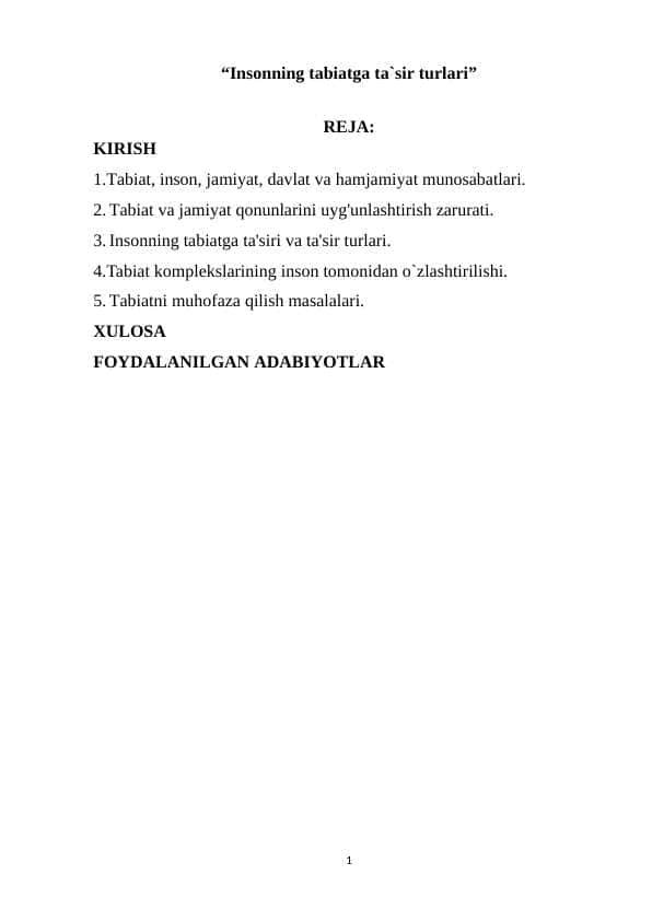 “Insonning tabiatga ta`sir turlari”