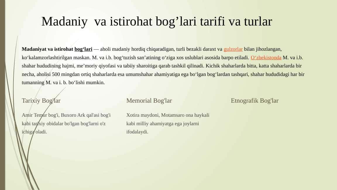 Madaniy va istirohat bog’lari tarifi va turlar