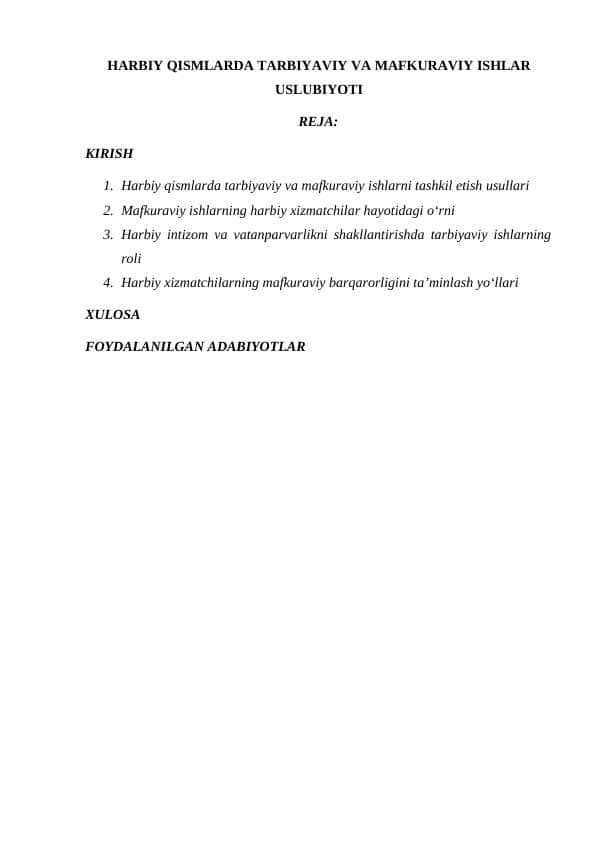 HARBIY QISMLARDA TARBIYAVIY VA MAFKURAVIY ISHLAR USLUBIYOTI