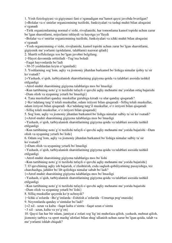 Yosh fizologiyasi test javoblari bilan 200ta