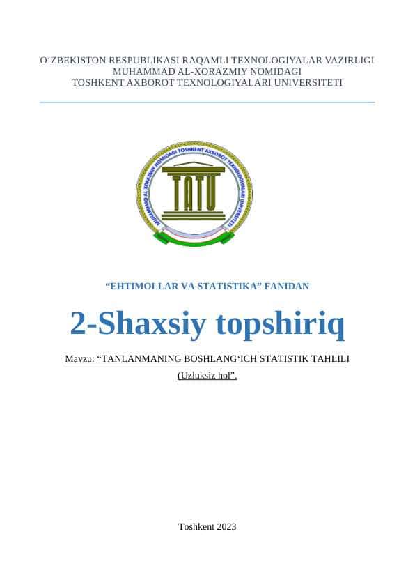 TANLANMANING BOSHLANGʻICH STATISTIK TAHLILI (Uzluksiz hol)