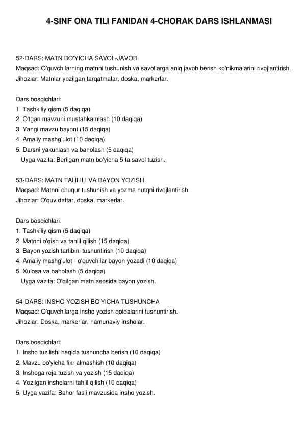 Ona tilidan 4 sinf 4- chorak dars ishlanma