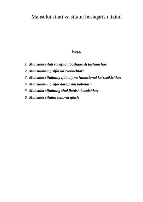 Mahsulot sifati va sifatni boshqarish tizimi mavzusidan tayyorlangan kurs ishi