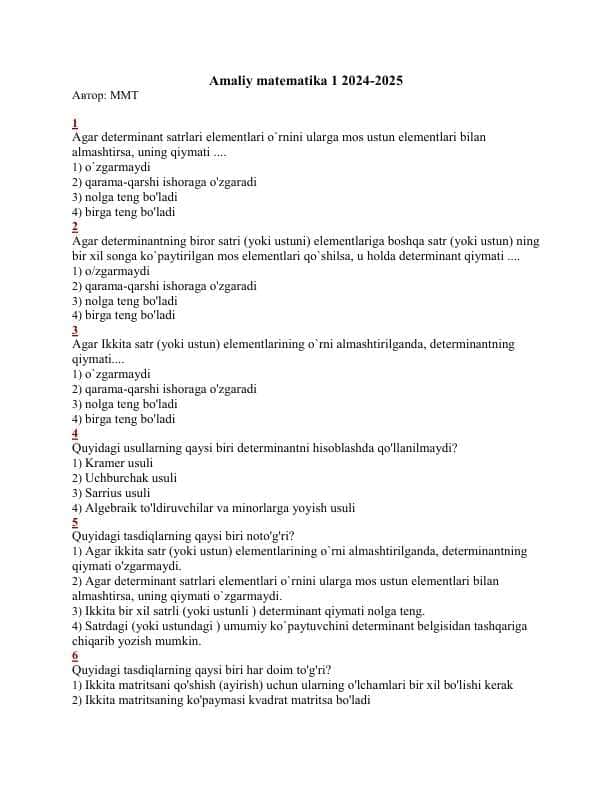Amaliy matematika fanidan 300 ta savollar to'plami savollar sifatli tuzilgan javoblari ham yuklangan