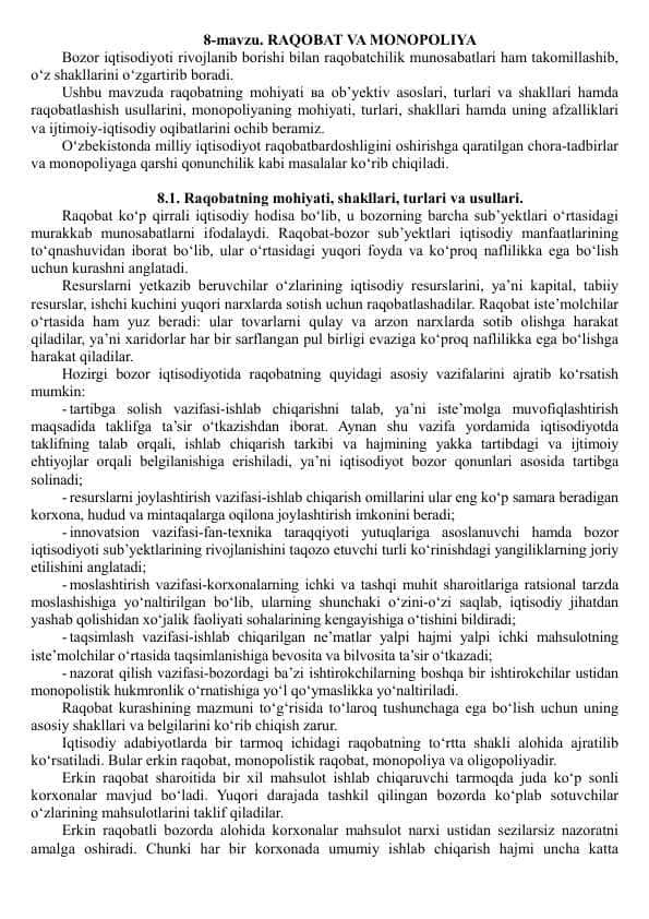 RAQOBAT VA MONOPOLIYA mavzusida mustaqil ish