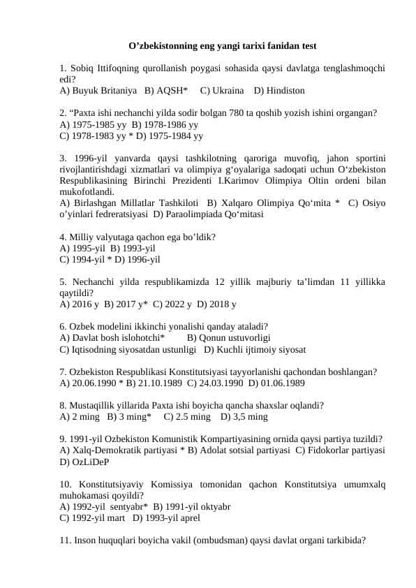 O’zbekistonning eng yangi tarixi fanidan test