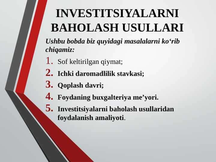 INVESTITSIYALARNI BAHOLASH USULLARI pptx