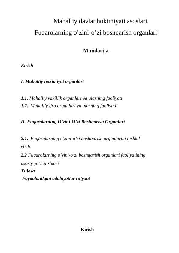 Mahalliy davlat hokimiyati asoslari. Fuqarolarning o’zini-o’zi boshqarish organlari