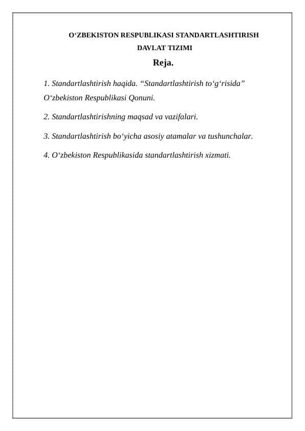 O‘ZBEKISTON RESPUBLIKASI STANDARTLASHTIRISH DAVLAT TIZIMI