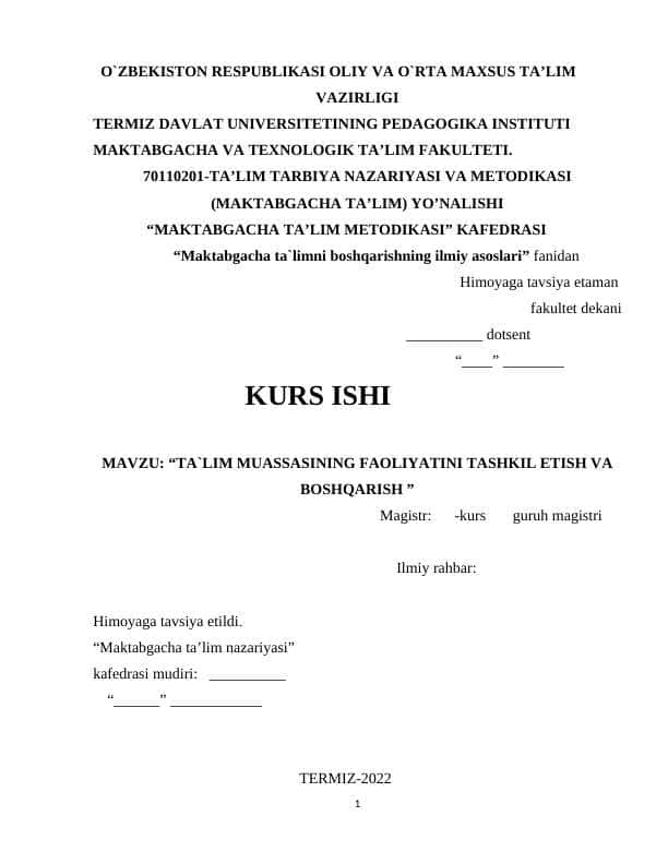 TA`LIM MUASSASINING FAOLIYATINI TASHKIL ETISH VA BOSHQARISHTA`LIM MUASSASINING FAOLIYATINI TASHKIL ETISH VA BOSHQARISH