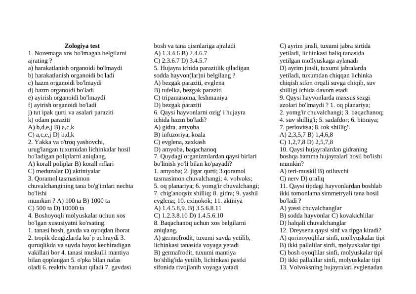 Zologiya test