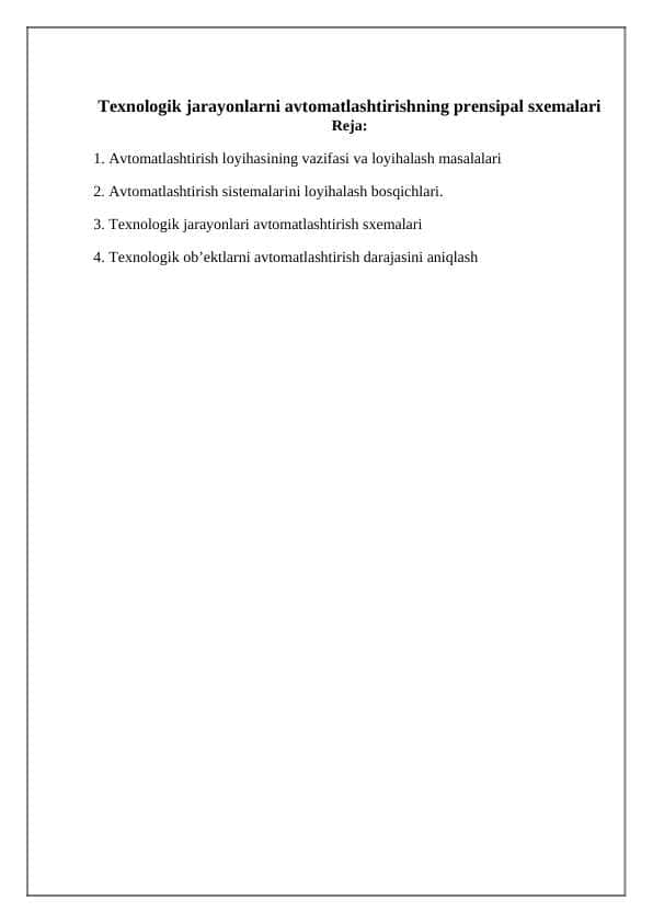 Texnologik jarayonlarni avtomatlashtirishning prensipal sxemalari