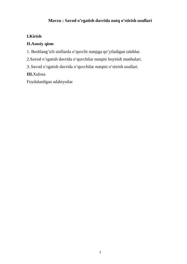 Savod o’rgatish davrida nutq o’stirish usullari