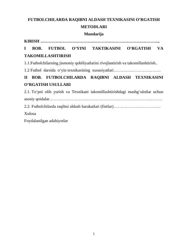 FUTBOLCHILARDA RAQIBNI ALDASH TEXNIKASINI O’RGATISH METODLARI
