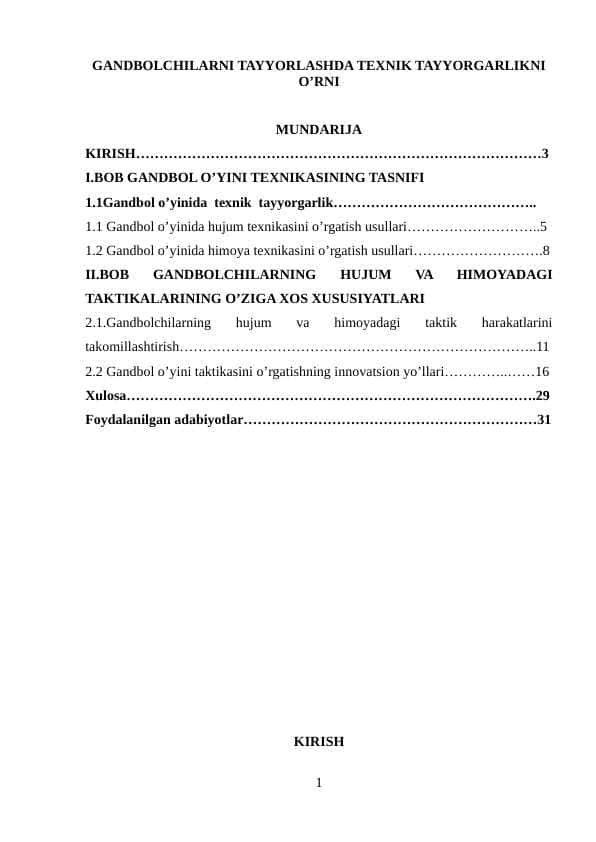 GANDBOLCHILARNI TAYYORLASHDA TEXNIK TAYYORGARLIKNI O’RNI