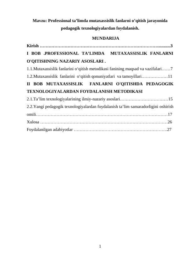 Professional ta’limda mutaxassislik fanlarni o’qitish jarayonida pedagogik texnologiyalardan foydalanish