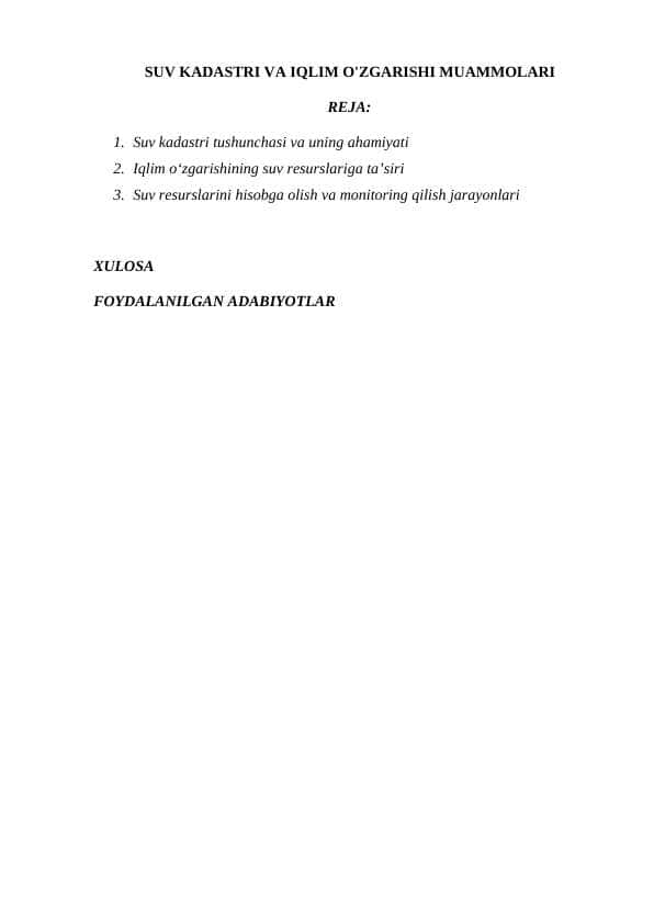 SUV KADASTRI VA IQLIM O'ZGARISHI MUAMMOLARI