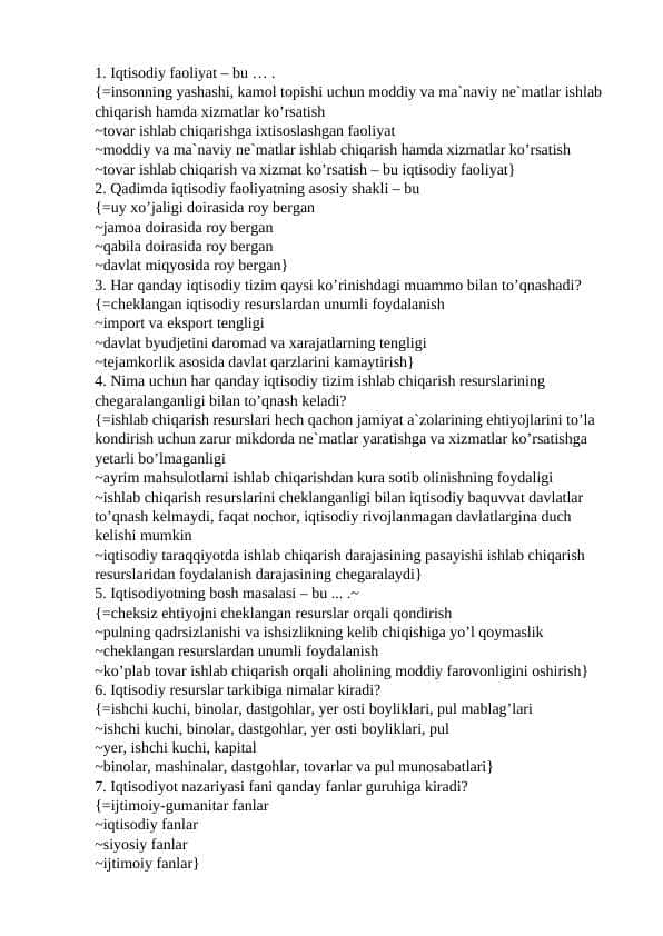 Iqtisodiyot nazariyasi yakuniy test savollari va javoblari