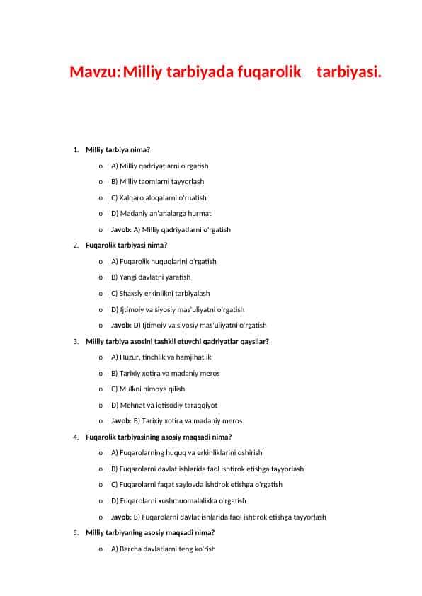 Milliy tarbiyada fuqarolik tarbiyasi test