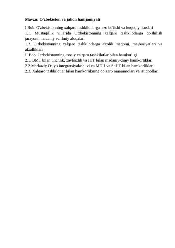 Mavzu: O'zbekiston va jahon hamjamiyati