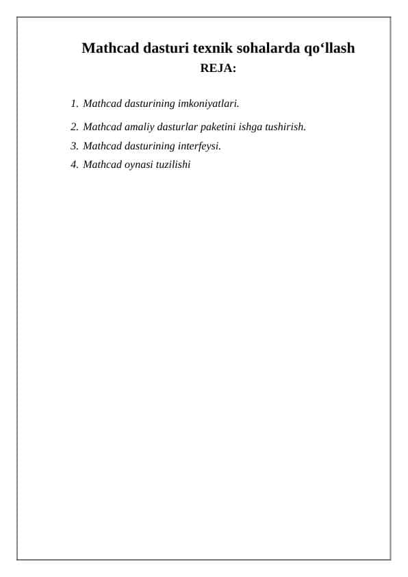 Mathcad dasturi texnik sohalarda qullash