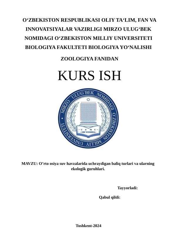 O’rto osiya suv havzalarida uchraydigan baliq turlari va ularning ekologik guruhlari.