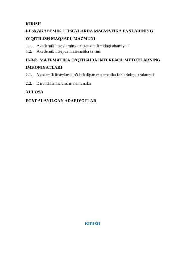 AKADEMIK LITSEYLARDA MAEMATIKA FANLARINING O’QITILISH MAQSADI, MAZMUNI