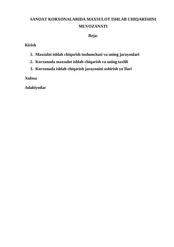 SANOAT KORXONALARIDA MAXSULOT ISHLAB CHIQARISHNI MUVOZANATI