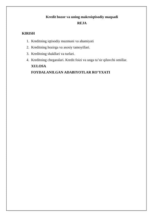 Kredit bozor va uning makroiqtisodiy maqsadi