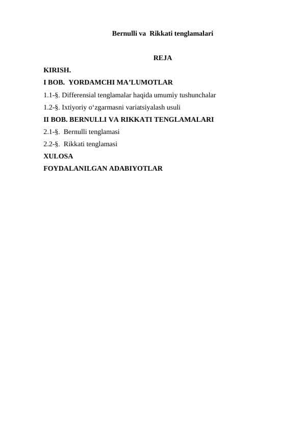 Bernulli va Rikatti tenglamalari