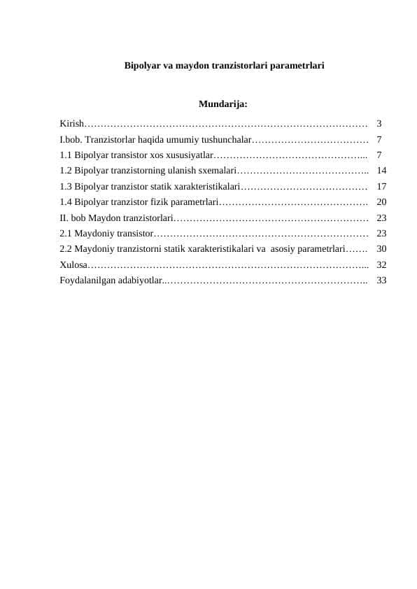 Bipolyar va maydon tranzistorlari parametrlari