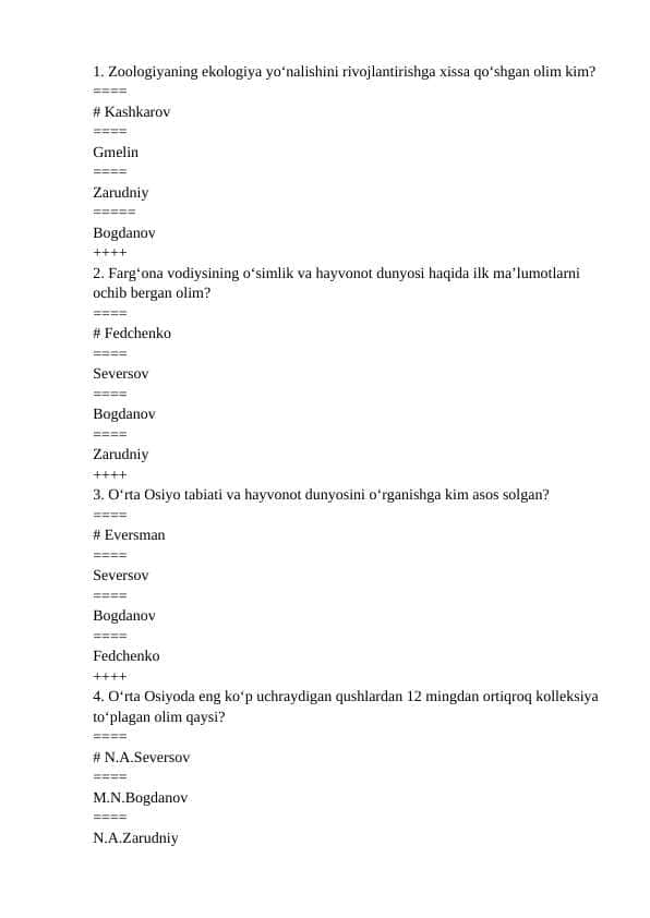 O'zbekiston hayvonot olami test savollari javoblari bilan