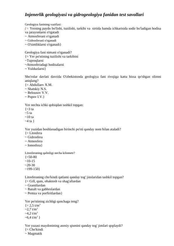 Injenerlik geologiyasi va gidrogeologiya fanidan test savollari