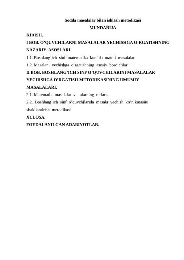 sodda masalalar bilan ishlash metodikasi