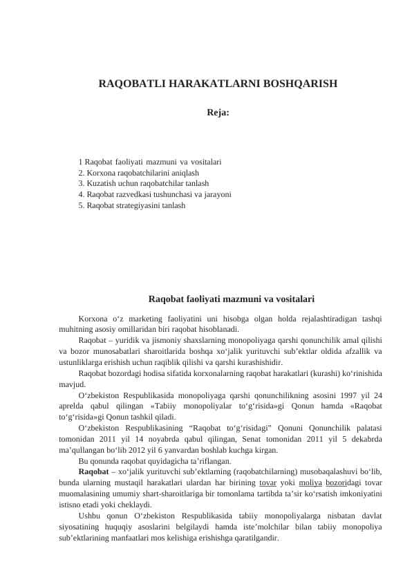 RAQOBATLI HARAKATLARNI BOSHQARISH mavzusida sifatli kurs ishi