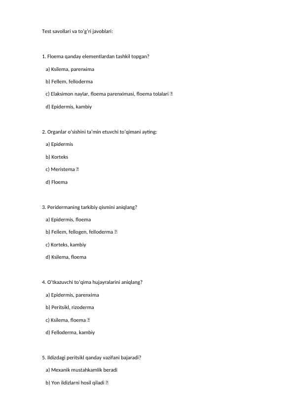 botanika va o'simliklar fiziologiyasi fanidan yakuniy testlar 200 talik baza javoblari bilan.
