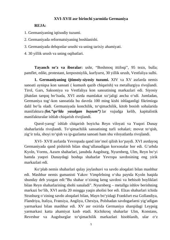XVI-XVII asr birinchi yarmida Germaniya