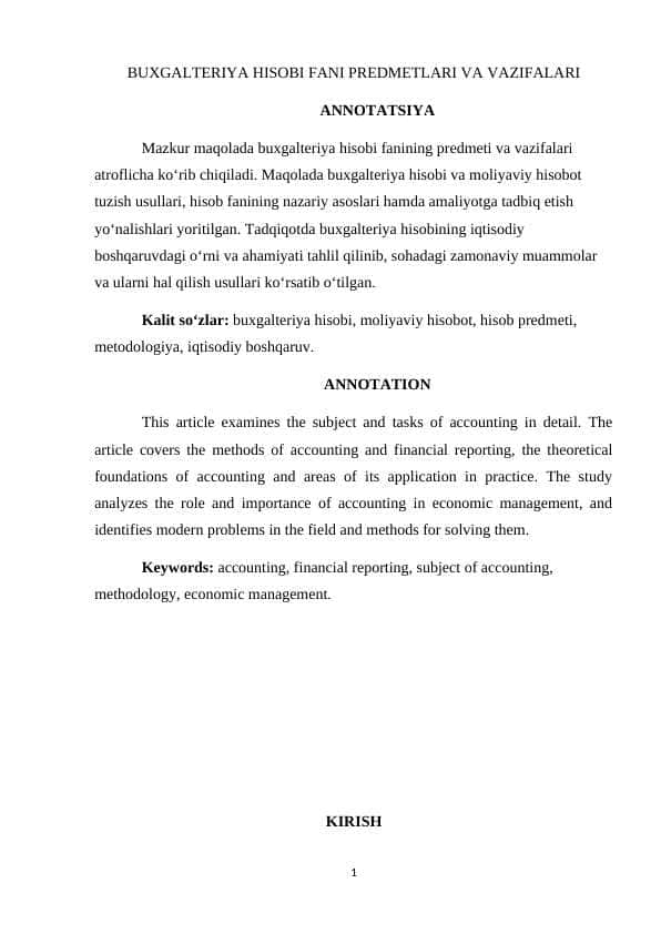 BUXGALTERIYA HISOBI FANI PREDMETLARI VA VAZIFALARI