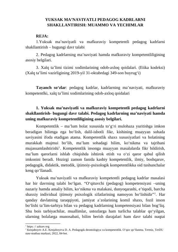 YUKSAK MA’NAVIYATLI PEDAGOG KADRLARNI SHAKLLANTIRISH: MUAMMO VA YECHIMLAR