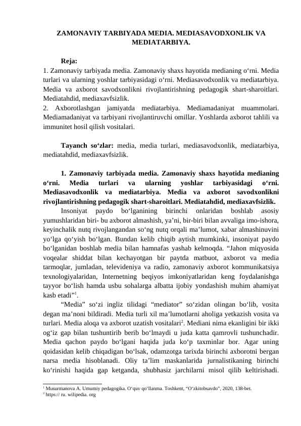 ZAMONAVIY TARBIYADA MEDIA. MEDIASAVODXONLIK VA MEDIATARBIYA