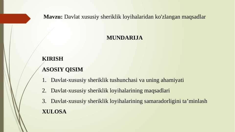Davlat xususiy sheriklik loyihalaridan ko'zlangan maqsadlar